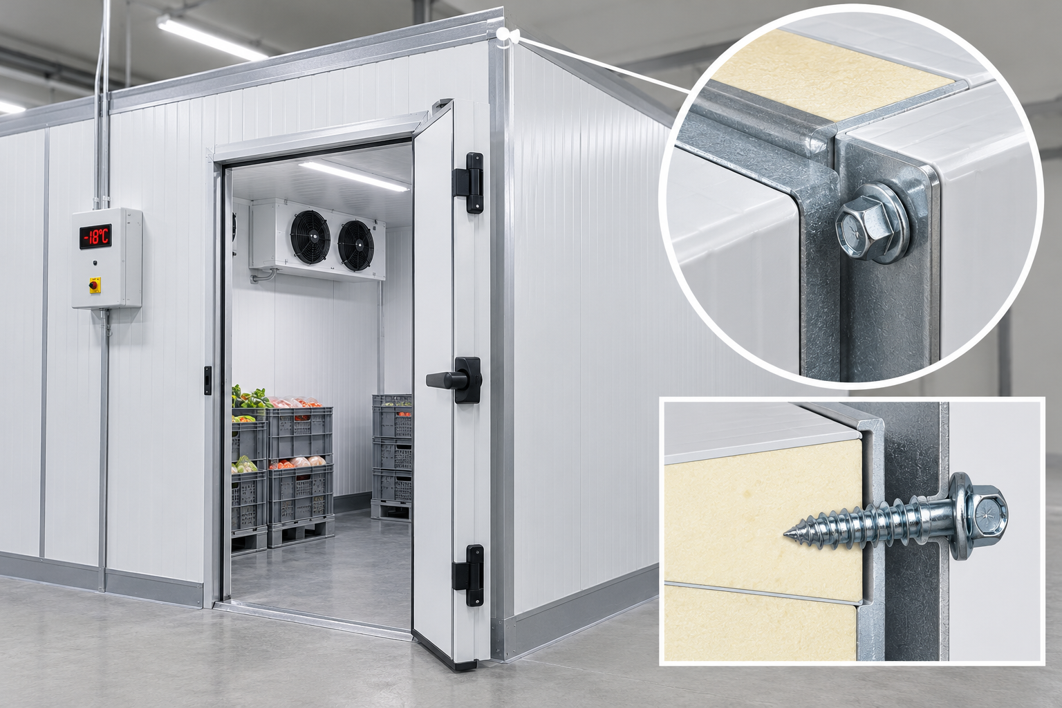 Câmara frigorífica com detalhe de fixação