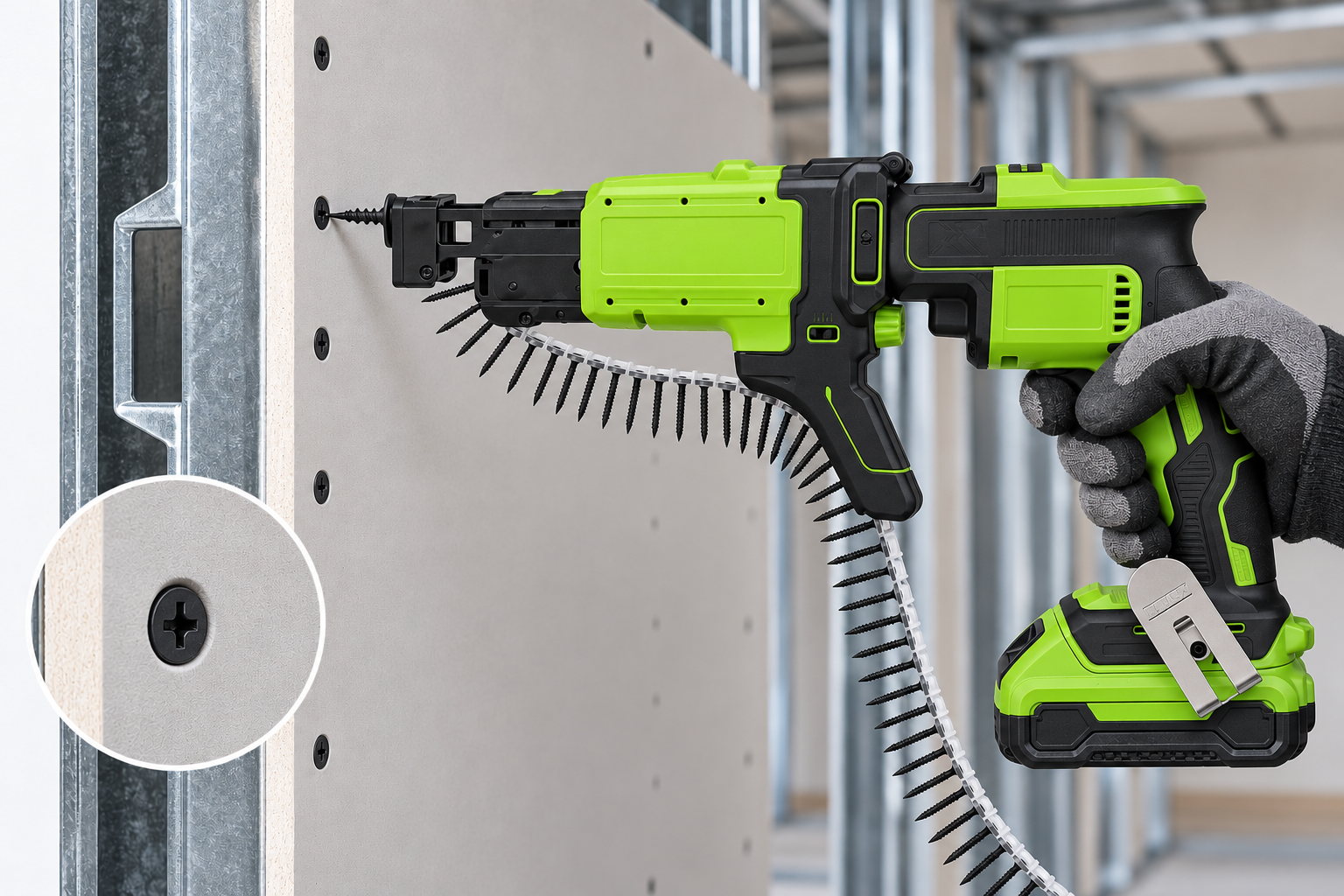 Parafusadora Verde em Placa de Gesso