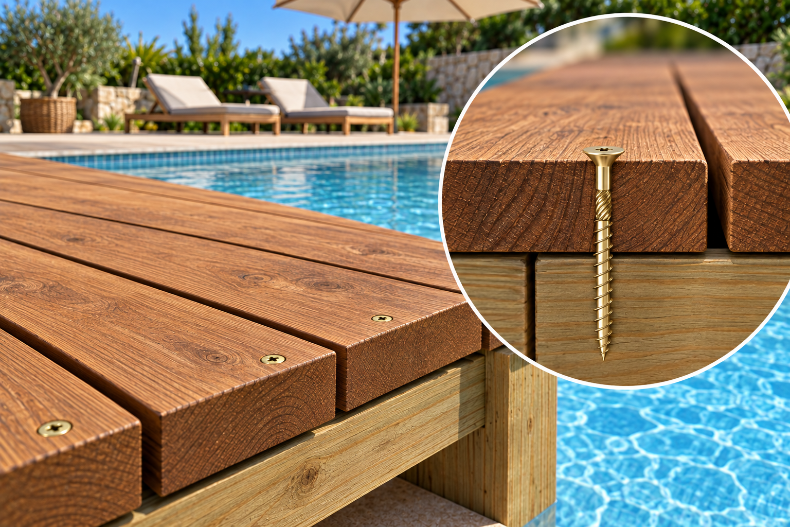 Parafuso Dourado no Deck da Piscina