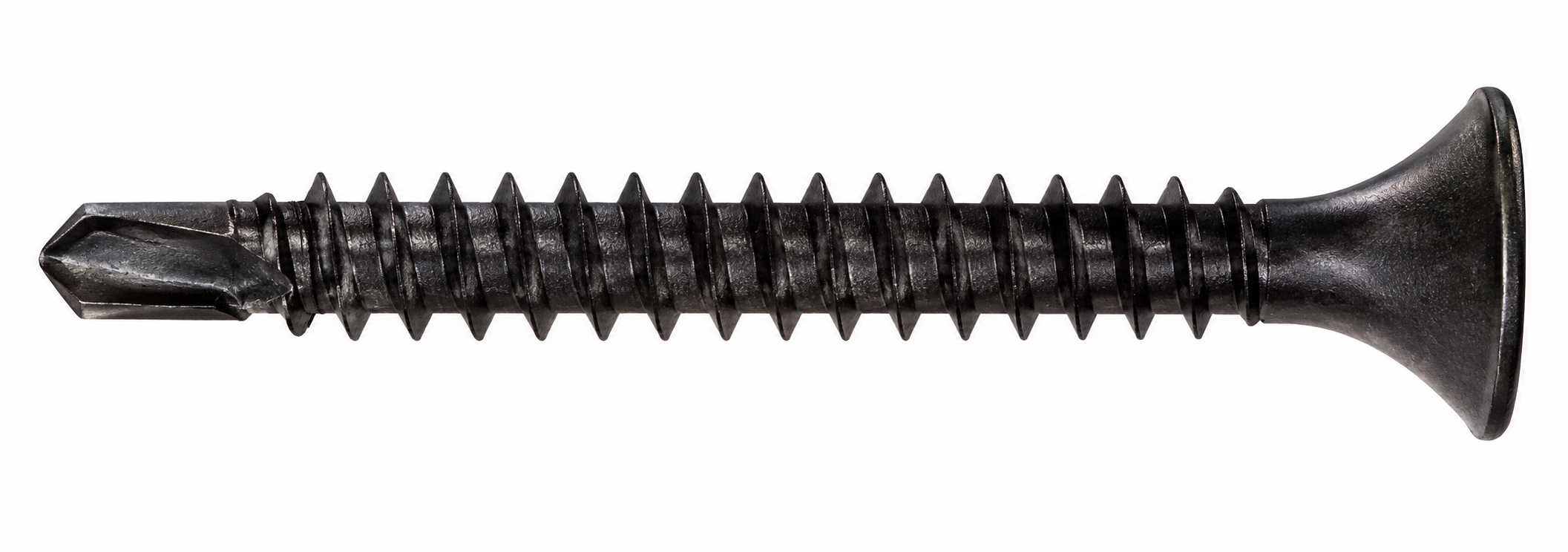Parafuso autoperfurante preto em perfil lateral